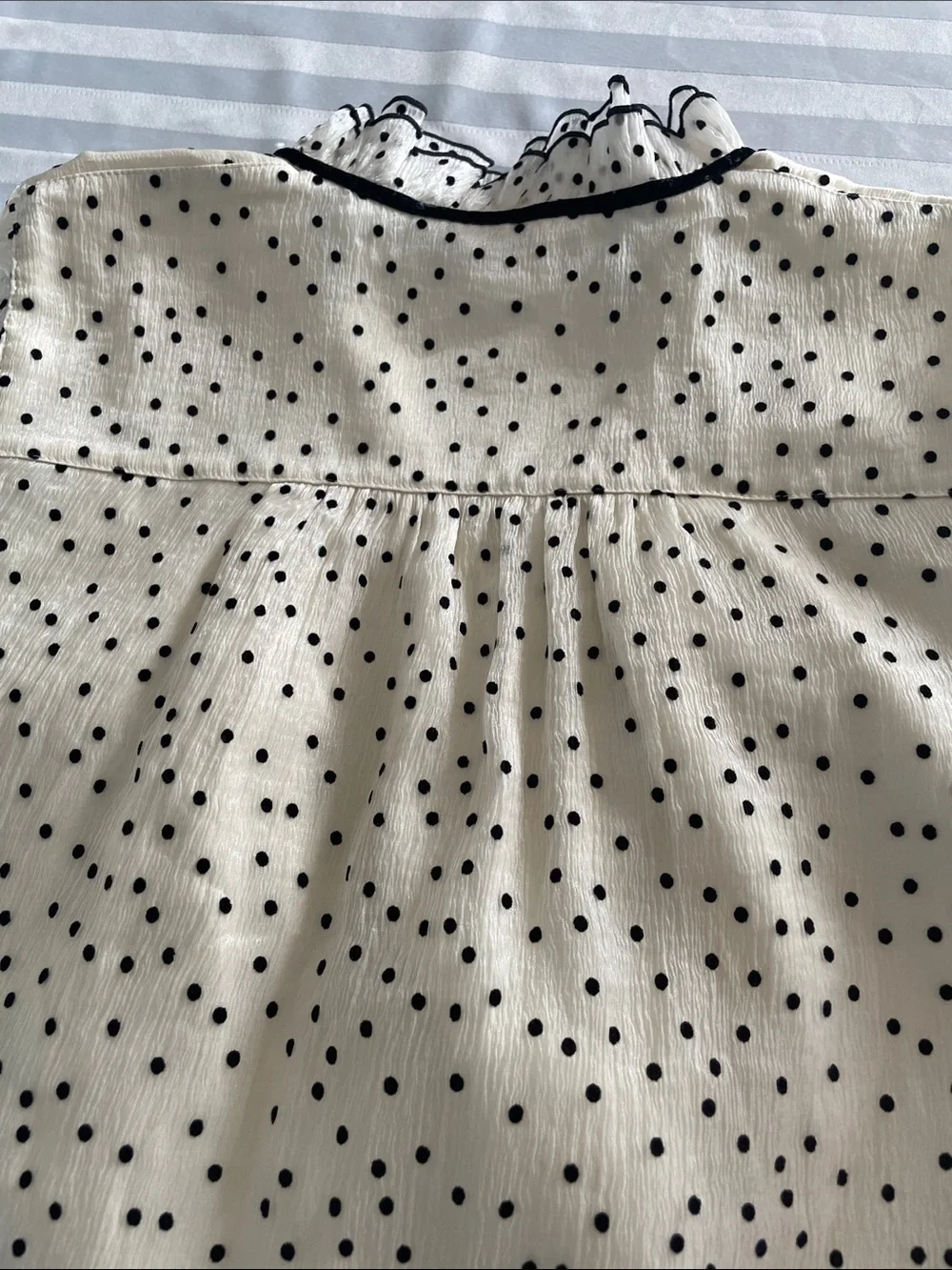 LOFT Ivory Ruffle Neck Black Polka Dot Blouse